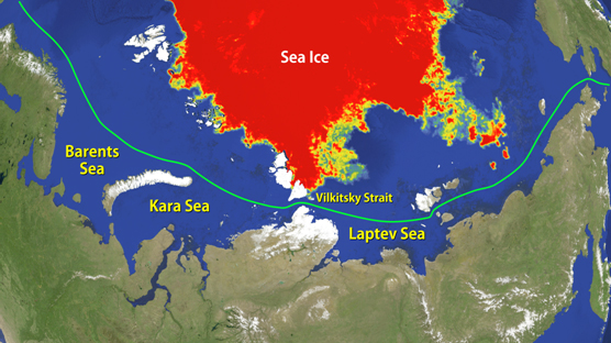 Northeastern passage and current sea ice distribution near the passage